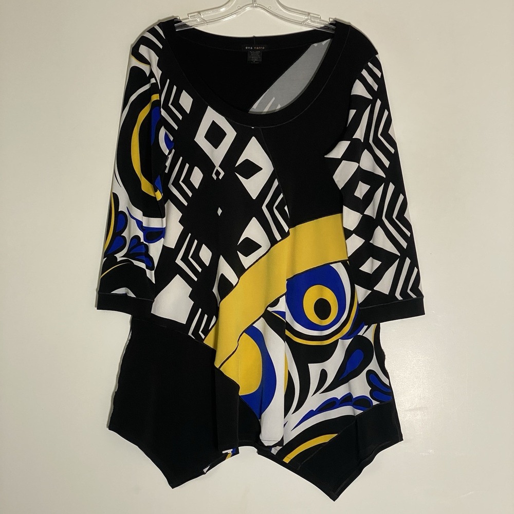 Eva Varro Blouse Womens Large Multi Abstract Shark Bite Tunic Top Art To Wear L